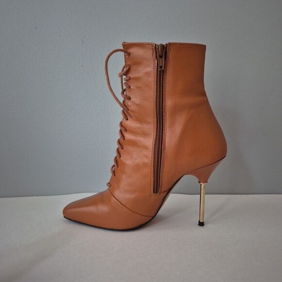 L' Intervalle Chestnut Brown Leather Gold Stiletto Lace Up Boots Womens 6 - Picture 5 of 7